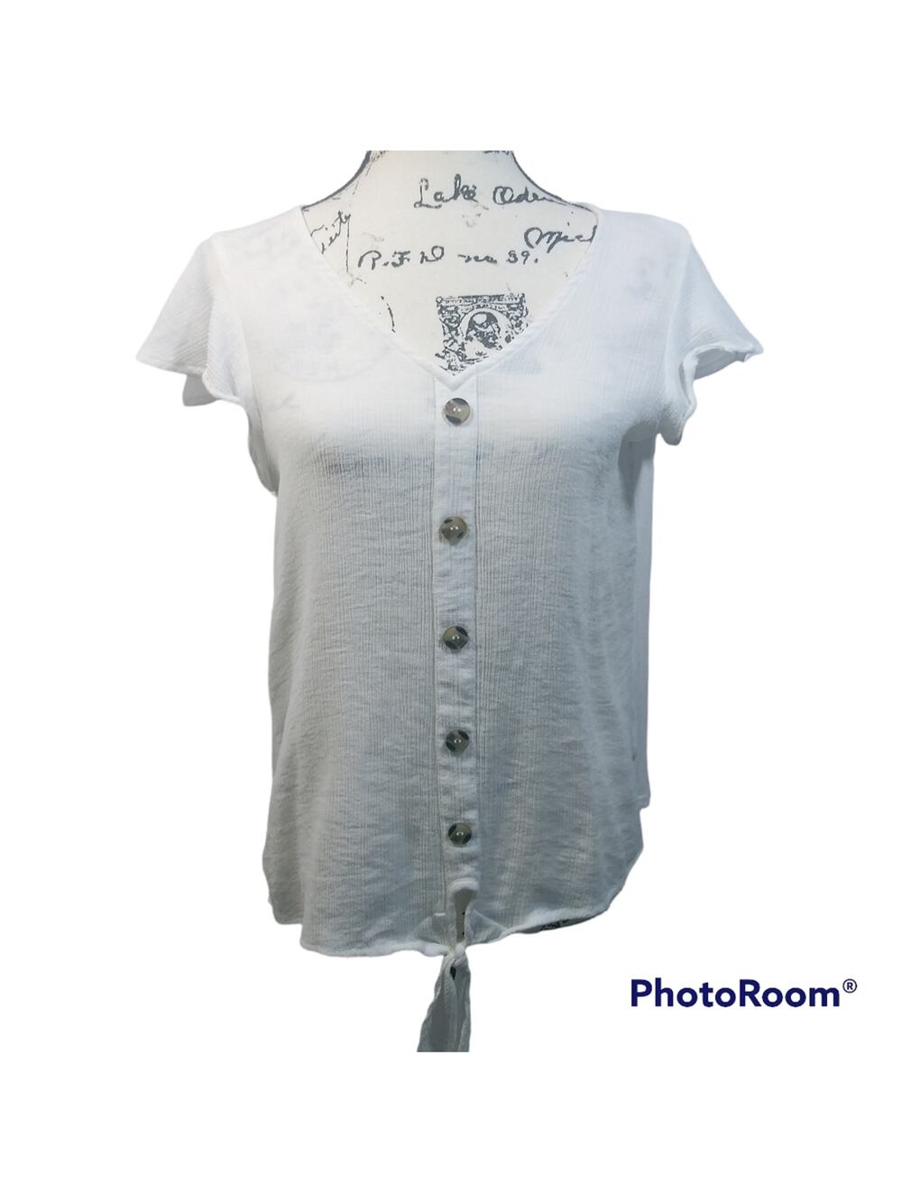 Flower & Feather White Gauzy Button Up Tie Front Blouse L